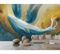 XDOUBAO Wallpaper Modern Three-Dimensional Whale Art Painted Orange Blue Wave Scenery TV Sofa Background Wall Wallpaper Living Room Restaurant Coffee Shop Mural,3D,350x245cm