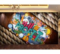 XDOUBAO Wallpaper Nostalgic Wood Grain Hemp Rope Creative Graffiti Music Theme Bar Drink Shop Afternoon Tea Western Restaurant Background Wall Wallpaper Coffee Shop Mural,3D,150x105cm