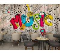 XDOUBAO Wallpaper Retro Nostalgic Hand-Painted Cartoon Graffiti Music Bar Afternoon Tea Coffee Shop Background Mural Western Restaurant Wallpaper,3D,250x175cm