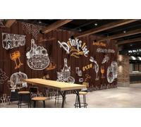 XDOUBAO Wallpaper Retro Wooden Board Hand-Painted Wine Barrel Bar Beverage Shop Afternoon Tea Coffee Shop Background Mural Western Restaurant Wallpaper,3D,250x175cm