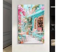 XDPBLM Canvas Wall Art - European Floral Cafe Painting with Turquoise Doors, Pink Flowers - Modern Minimalist Beautiful Wall Art 28x48inch Unframed