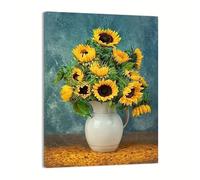 XDPBLM Giclee Canvas Artwork, Ocean Background Color, Sunflower, Vase, Painting, Wall Art Picture for Home Decor 16x24inch Unframed
