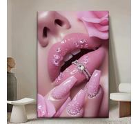 XDPBLM Pink nails and pink lips canvas painting, wall art print poster, modern simple office, living room, bedroom, bathroom decor 12x16inch/30x40cm ready to hang