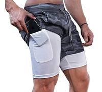 XDSP Men's Shorts, 2 in 1 Running Sports Shorts with Internal Compression and Pocket for Men, Grey camouflage, M