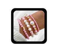 Xduargs Boho Layered Pearl Hand Bracelet Gold Beads Harness Chain Wristbands Vintage Heart Pearl Slave Chain Multilayered Beaded Stretchy Bracelet Jewelry for Women, Adjustable, Zinc, no gemstone