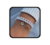 Xduargs Boho Layered Pearl Hand Bracelet White Pearl Hand Harness Chain Bracelet Vintage Little Daisy Slave Chain Hand Bracelet Daisy Flower Adjustable Slave Chain Bracelet Jewelry for Women