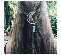 Xduargs Boho Moon Hair Clip Vintage Hollow Crescent Moon Hair Clip Hexagonal Crystal Drop Hair Clip Healing Stone Pendant Hair Pin Hair Accessory for Women Headpiece (Silver)