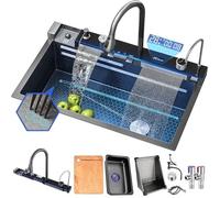 XDXINY Black Nano Kitchen Sink Multifunctional Sink Stainless Steel Waterfall Sink Single Bowl Workstation Kitchen Sink with Digital Display Fly Rain Pull-Out Faucet (80x45x22CM)