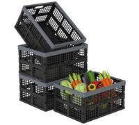 Xeabia 34 Liter Plastic Collapsible Crate for Storage, Stackable Storage Basket, Folding Storage Crates Box, 4 Pack, Black
