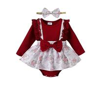Xeadoffubio 2Pcs Newborn Baby Girl Christmas Outfit Long Sleeve Romper Dress 'The Baby Who Stole Christmas' Ruffle Bodysuit With Headband Todder Costume (RedC, 9-12 Months)