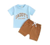 Xeadoffubio 2Pcs Toddler Baby Boys Summer Outfits Daddys Buddy/daddys Boy Letter Print Short Sleeve T-Shirts Tops Elastic Waist Shorts Baby Boy Summer Clothes Set (Sky Blue, 2-3T)