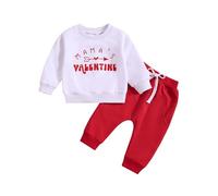 Xeadoffubio 2Pcs Toddler Boy Valentine 's Day Outfit Mama's Little Valentine Crewneck Long Sleeve Sweatshirt Heart Print Long Pants Outfit Heart Print Long Pants Set (White4, 12-18 Months)