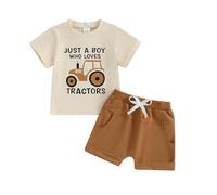 Xeadoffubio 2Pcs Toddler Boys Summer Outfit A Little Dirt Never Hurt Letter Embroidery Short Sleeve Crewneck Tractor Tops Elastic Waistband Plaid Shorts Set (Yellow, 12-18 Months)