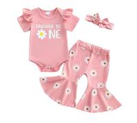 Xeadoffubio 3 Pcs Toddler Baby Girl Birthday Outfits One Letter Embroidery Long/Short Sleeve Romper with Floral Pattern Long Pants Headband Baby Girl Birthday Clothes Set (Pink Half, 3-6 Months)