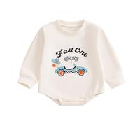 Xeadoffubio Baby Boy Girl First Birthday Outfit Long Sleeve Crewneck Racing Car Letters Print Romper Baby unisex Fast One Birthday Bubble Romper (Beige, 12-18 Months)