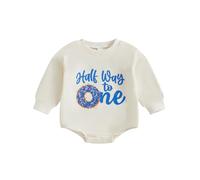 Xeadoffubio Baby Boy Girl Half Birthday Romper Half Way to Sweet ONE Long Sleeve Round Neck Doughnut Letter Print Bodysuit Newborn Birthday Outfit (Blue Long, 6-12 Months)