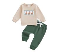 Xeadoffubio Baby Boys Pants Set, Long Sleeve Crew Neck Embroidery Gingerbread Man/Elk Sweatshirt with Sweatpants Christmas Clothes (Green, 12-18 Months)
