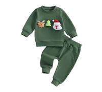 Xeadoffubio Baby Boys Pants Set, Long Sleeve Crew Neck Embroidery Gingerbread Man/Elk Sweatshirt with Sweatpants Christmas Clothes (Dark Green, 18-24 Months)