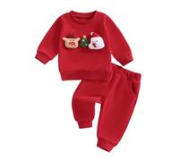 Xeadoffubio Baby Boys Pants Set, Long Sleeve Crew Neck Embroidery Gingerbread Man/Elk Sweatshirt with Sweatpants Christmas Clothes (Red, 0-6 Months)