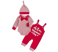 Xeadoffubio Baby Boys Valentines Day Outfit Long Sleeve Lover Boy Striped Romper My First Valentines Day Suspender Pants With Hat (Red, 6-12 Months)