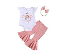 Xeadoffubio Baby Girl 1st Birthday Outfits Letter Rainbow Print Fly Sleeve Rompers Flare Pants Headband 3Pcs Summer Clothes Set (PinkD, 6-12 Months)
