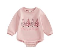 Xeadoffubio Baby Girl Boy Christmas Outfit Santa/Gingerbread Man Romper Cartoon Embroidery Long Sleeve Oversized Sweatshirt Christmas Tree Jumpsuit Xmas Romper (Pink Tree, 9-12 Months)