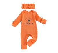 Xeadoffubio Baby Girl Halloween Outfit Pumpkin/Boo Letter Print Ruffle Trim Long Sleeve Romper Tie-up Headband 2 Pcs Baby Girl Doller Collar Halloween Jumpsuit Playsuit (Orange Pumpkin, 6-12 Months)