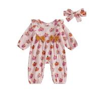 Xeadoffubio Baby Girl Halloween Outfit Pumpkin/Boo Letter Print Ruffle Trim Long Sleeve Romper Tie-up Headband 2 Pcs Baby Girl Doller Collar Halloween Jumpsuit Playsuit (Pink, 0-3 Months)