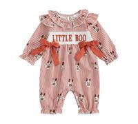 Xeadoffubio Baby Girl Halloween Outfit Pumpkin/Boo Letter Print Ruffle Trim Long Sleeve Romper Tie-up Headband 2 Pcs Baby Girl Doller Collar Halloween Jumpsuit Playsuit (Beige, 9-12 Months)