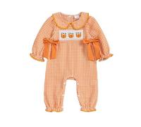 Xeadoffubio Baby Girl Halloween Outfit Pumpkin/Boo Letter Print Ruffle Trim Long Sleeve Romper Tie-up Headband 2 Pcs Baby Girl Doller Collar Halloween Jumpsuit Playsuit (Yellow, 3-6 Months)