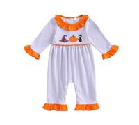 Xeadoffubio Baby Girl Halloween Outfit Pumpkin/Boo Letter Print Ruffle Trim Long Sleeve Romper Tie-up Headband 2 Pcs Baby Girl Doller Collar Halloween Jumpsuit Playsuit (Purple, 12-18 Months)