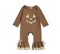 Xeadoffubio Baby Unisex Halloween Outfit Baby Girl Boy Pumpkin/Boo Embroidery Striped Long Sleeve Jumpsuit My First Halloween Newborn Toddler Girl Boy Cute Clothes (Coffee, 12-18 Months)