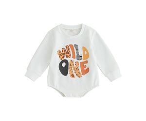 Xeadoffubio Infant Baby Boys Girls 1st Birthday Romper Outfit Wild One Leopard Letter Print Long Sleeve Crewneck Bodysuit Clothes Jumpsuit, WhiteA, 6-12 Months