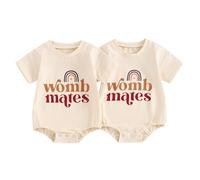 Xeadoffubio Infant Baby Boys Girls Unisex Twins Matching Outfit Crewneck Short Sleeve Romper Sweatshirt Toddler Baby Summer Jumpsuit Gifts (Beige, 0-3 Months)