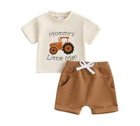 Xeadoffubio Newborn Baby Boy Summer Clothes Mama's Boy T-Shirt Color Block Jogger Shorts 2Pcs Clothes Set Toddler Baby Boy Mama's Boy Color Block Summer Outfit (Khaki Tractor, 2-3 Years)