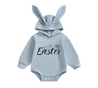 Xeadoffubio Newborn Baby Girl Boy Easter Outfit Long Sleeve Bunny Embroidery Romper Carrot Bodysuit My First Easter Hoodie Sweatshirt (Blue, 6-12 Months)