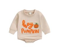 Xeadoffubio Newborn Baby Girl Boy Halloween Outfits Long Sleeve Pumpkin Romper Embroidered Sweatshirt Oversized Sweatershirt Baby Unisex Halloween Jumpsuits (Apricot, 0-3 Months)