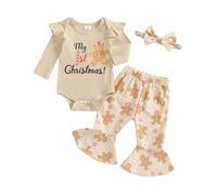 Xeadoffubio Newborn Baby Girl Christmas Outfit Santa Baby Letter Print Long Sleeve Snowman Ruffle Romper Baby Girl Cookies/Milk Flared Pants Headband Set (Beige, 0-3 Months)