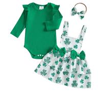 Xeadoffubio Newborn Baby Girl St Patricks Day Outfit Baby Girls Irish Day Outfits Long Sleeve Romper Suspender Skirt and Headband Set My First St Patricks Day Outfit (Green White, 12-18 Months)