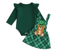 Xeadoffubio Newborn Baby Girl St Patricks Day Outfit Baby Girls Irish Day Outfits Long Sleeve Romper Suspender Skirt and Headband Set My First St Patricks Day Outfit (Turquoise, 12-18 Months)