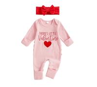 Xeadoffubio Newborn Girl My First Valentines Day Romper Mama's/Daddy's Valentine Letter Heart Print Long Sleeve Footie Jumpsuit with Bow Headband Set (Pink Daddy, 0-3 Months)