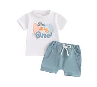 Xeadoffubio Toddler Baby Boy Birthday Outfit One/Two Letter Embroidery T-shirt Jogger Shorts Waffle Summer Clothes Baby Boy my 1st Birthday Outfit (Light Blue, 6-12 Months)