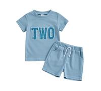 Xeadoffubio Toddler Baby Boy Birthday Outfit One/Two Letter Embroidery T-shirt Jogger Shorts Waffle Summer Clothes Baby Boy my 1st Birthday Outfit (Blue Two, 2-3 Years)