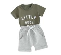 Xeadoffubio Toddler Baby Boy Summer Clothes Dinosaur Print,Baby Boys Shorts Set, Short Sleeve Sun Letters Print T-shirt with Elastic Waist Shorts Summer Outfit (Army Green, 12-18 Months)