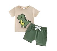 Xeadoffubio Toddler Baby Boy Summer Clothes Dinosaur Print,Baby Boys Shorts Set, Short Sleeve Sun Letters Print T-shirt with Elastic Waist Shorts Summer Outfit (Green Dinosaur, 6-12 Months)