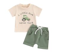 Xeadoffubio Toddler Baby Boy Summer Clothes Dinosaur Print,Baby Boys Shorts Set, Short Sleeve Sun Letters Print T-shirt with Elastic Waist Shorts Summer Outfit (Beige, 12-18 Months)
