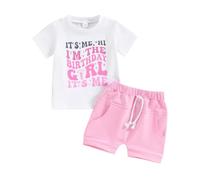 Xeadoffubio Toddler Baby Girl Birthday Outfit,Baby Girl 1st Birthday Short Sleeve Crewneck T-shirt with Shorts,Birthday Girl Letters Print Summer Clothes (Pink5, 3-4 Years)