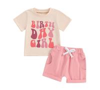 Xeadoffubio Toddler Baby Girl Birthday Outfit,Baby Girl 1st Birthday Short Sleeve Crewneck T-Shirt with Shorts,Birthday Girl Letters Print Summer Clothes (Apricot, 12-18 Months)