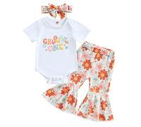 Xeadoffubio Toddler Baby Girl Birthday Outfit Baby Girl Groovy One/Two Short Sleeve Romper Flower Flare Pants Headband Set Infant Toddler Boho Outfits (White1, 6-12 Months)