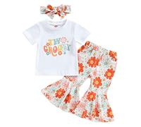 Xeadoffubio Toddler Baby Girl Birthday Outfit Baby Girl Groovy One/Two Short Sleeve Romper Flower Flare Pants Headband Set Infant Toddler Boho Outfits (White2, 18-24 Months)